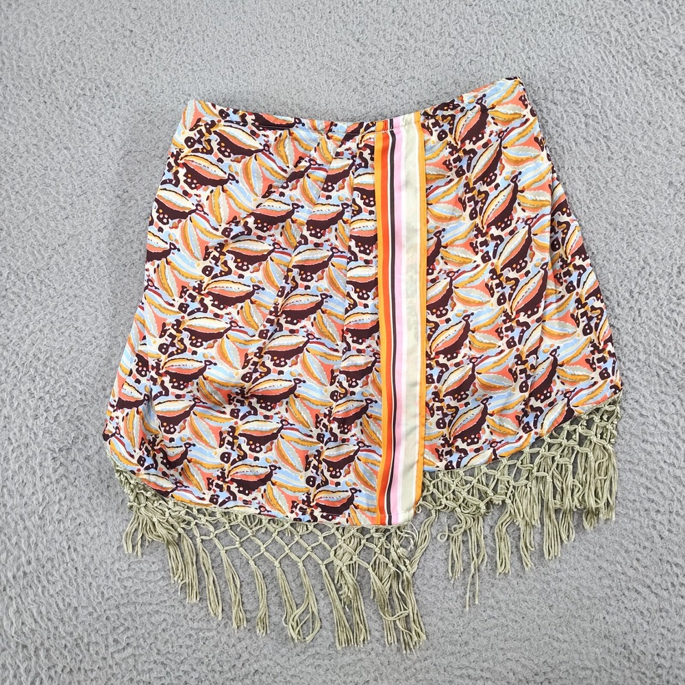 Anthropologie Mini Skirt Womens Small Multi Geo Print Pleated Tassel Fringe Hem